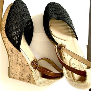 Black and Tan Corked Wedge Heel w/Ankle Strap